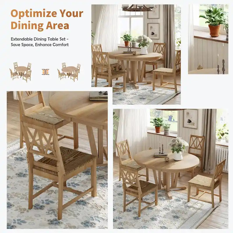 Grey / Walnut Extendable Round Dining Table Set, Trestle Base, Cross-Back Chairs, Seats 4–6