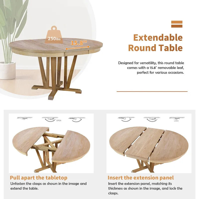 Grey / Walnut Extendable Round Dining Table Set, Trestle Base, Cross-Back Chairs, Seats 4–6