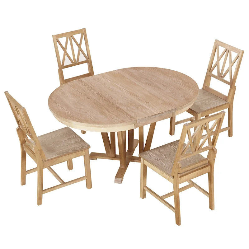 Grey / Walnut Extendable Round Dining Table Set, Trestle Base, Cross-Back Chairs, Seats 4–6