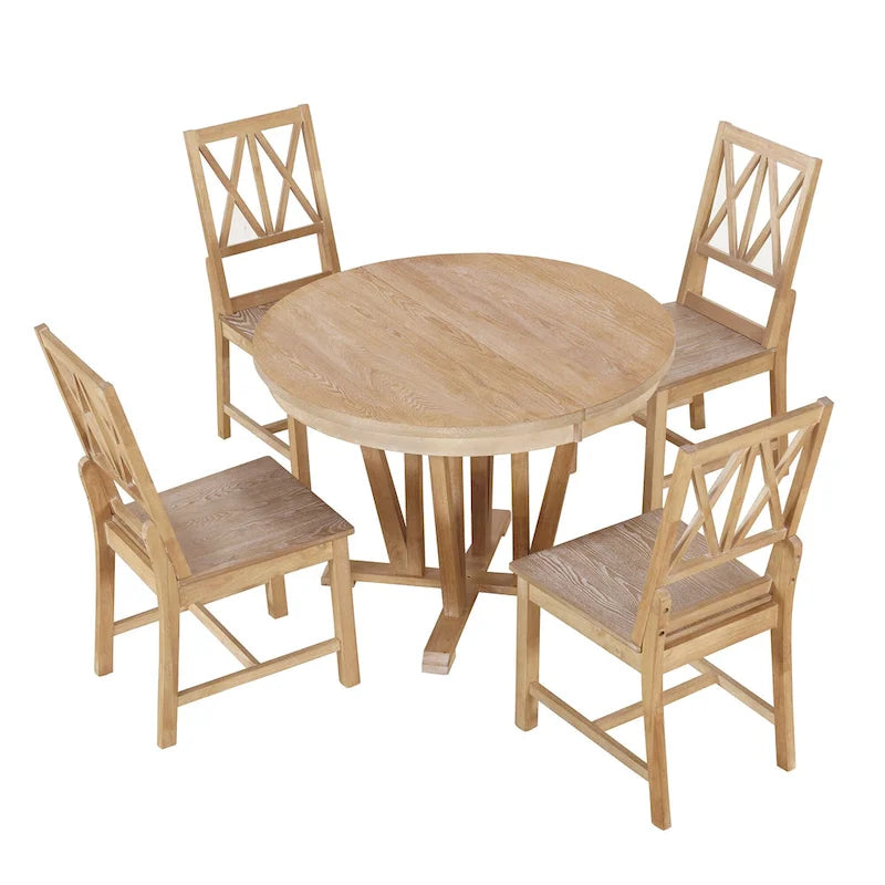 Grey / Walnut Extendable Round Dining Table Set, Trestle Base, Cross-Back Chairs, Seats 4–6