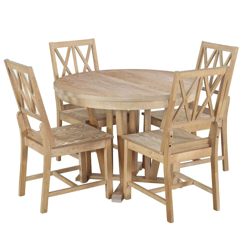 Grey / Walnut Extendable Round Dining Table Set, Trestle Base, Cross-Back Chairs, Seats 4–6