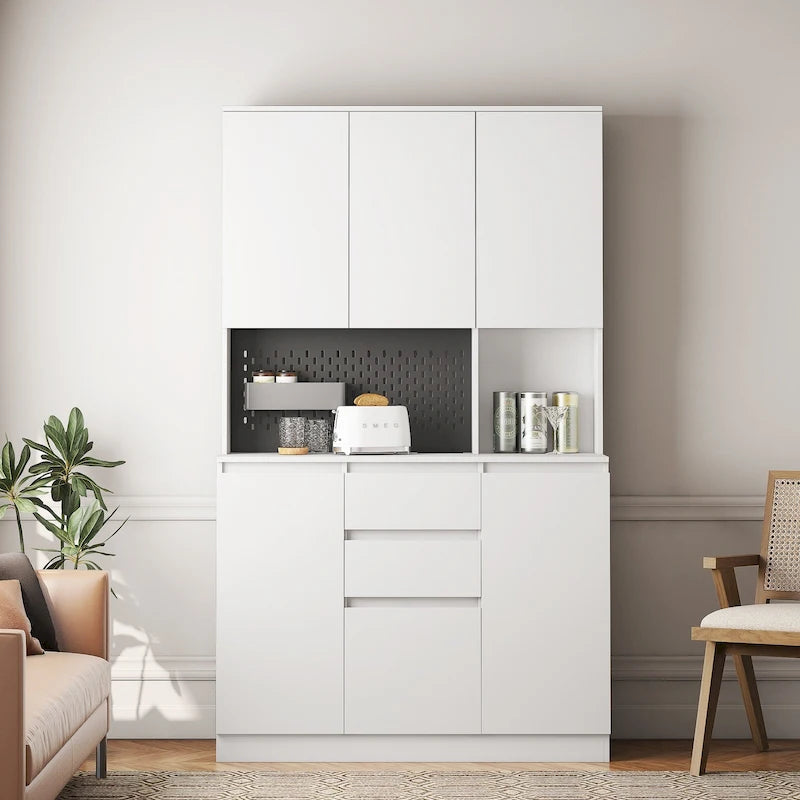 White Freestanding Kitchen Pantry Cabinet with Charging Station, for 1 Person