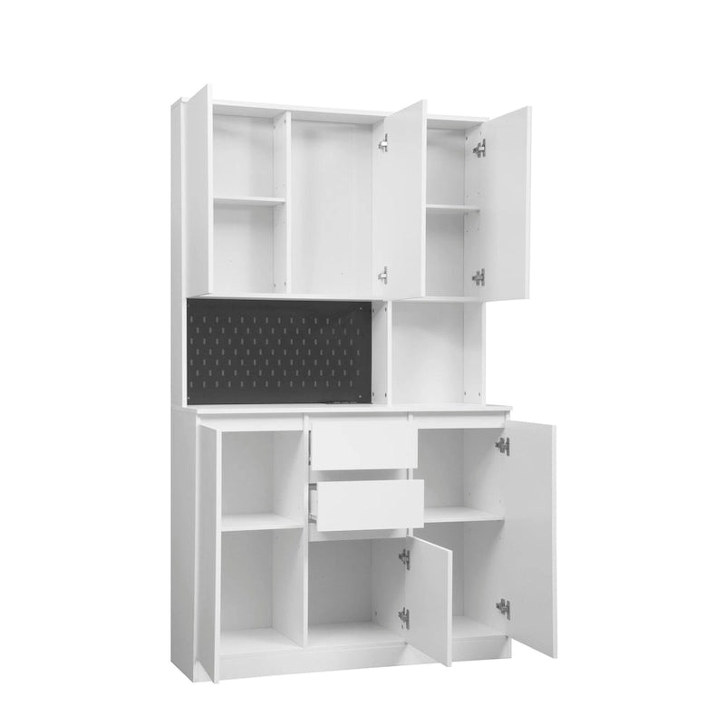 White Freestanding Kitchen Pantry Cabinet with Charging Station, for 1 Person