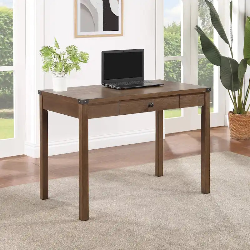 Brown Oak Writing Desk with Drawer, Single-User, Modern Rustic Style