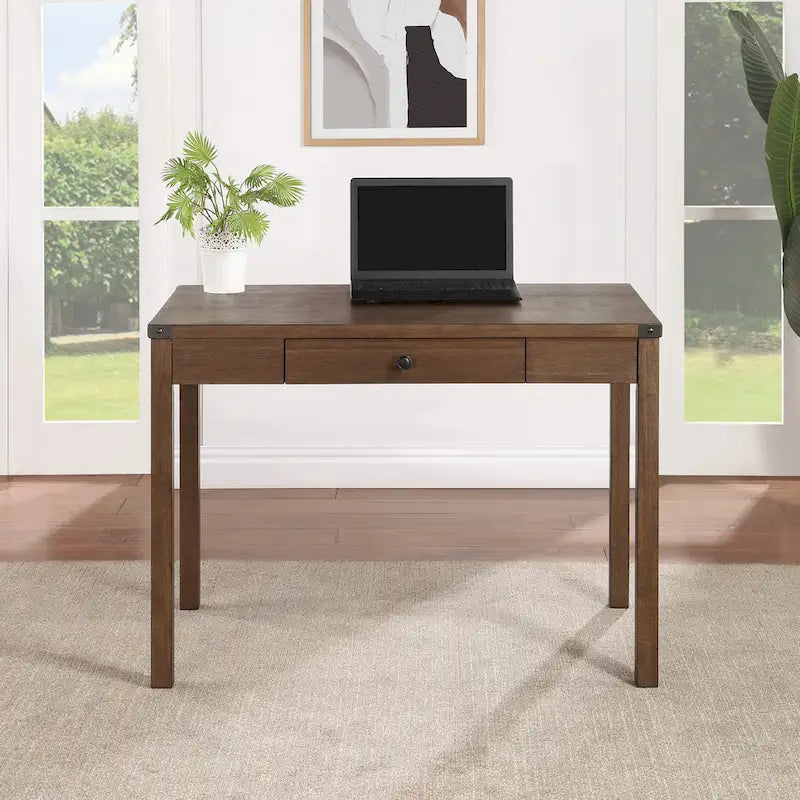 Brown Oak Writing Desk with Drawer, Single-User, Modern Rustic Style