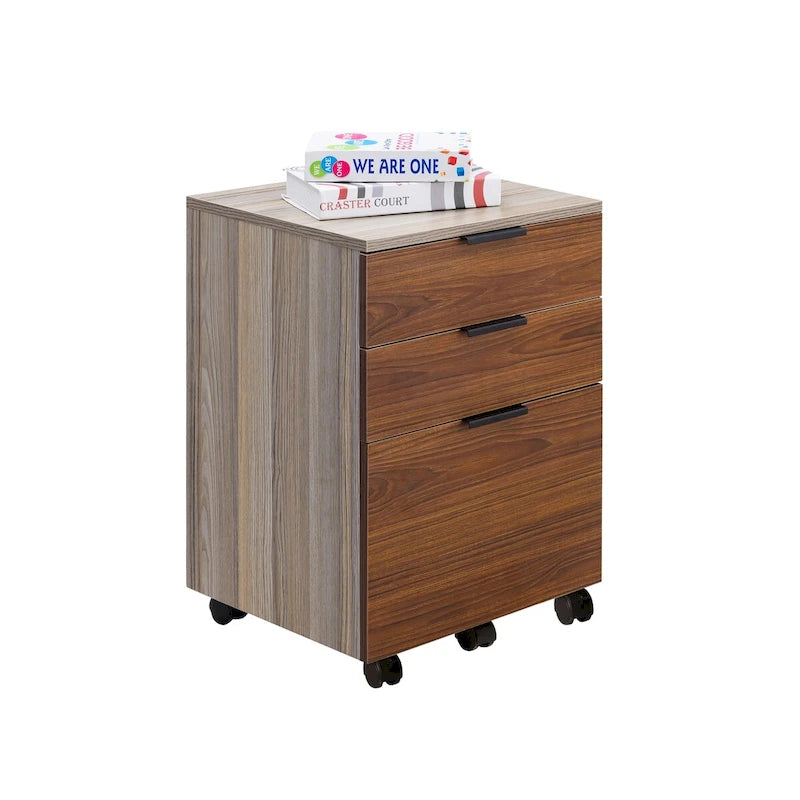 Brown/Black/White 3-Drawer Rolling File Cabinet, Locking Wheels, A4 & Letter Size, 1-Person