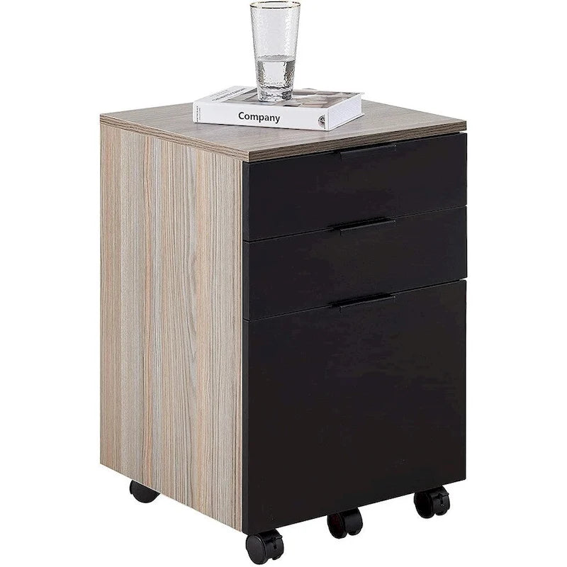 Brown/Black/White 3-Drawer Rolling File Cabinet, Locking Wheels, A4 & Letter Size, 1-Person