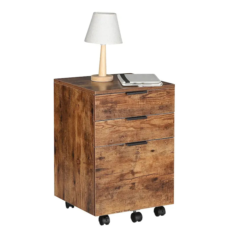 Brown/Black/White 3-Drawer Rolling File Cabinet, Locking Wheels, A4 & Letter Size, 1-Person