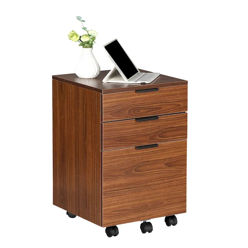 Brown/Black/White 3-Drawer Rolling File Cabinet, Locking Wheels, A4 & Letter Size, 1-Person