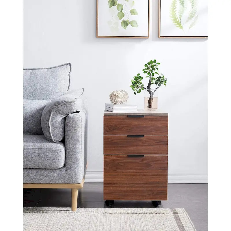 JJS 3 Drawer Rolling Wood File Cabinet with Locking Wheels for A4 or Letter Size