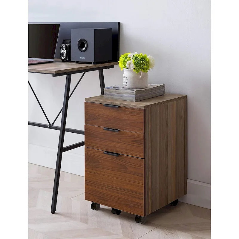 Brown/Black/White 3-Drawer Rolling File Cabinet, Locking Wheels, A4 & Letter Size, 1-Person