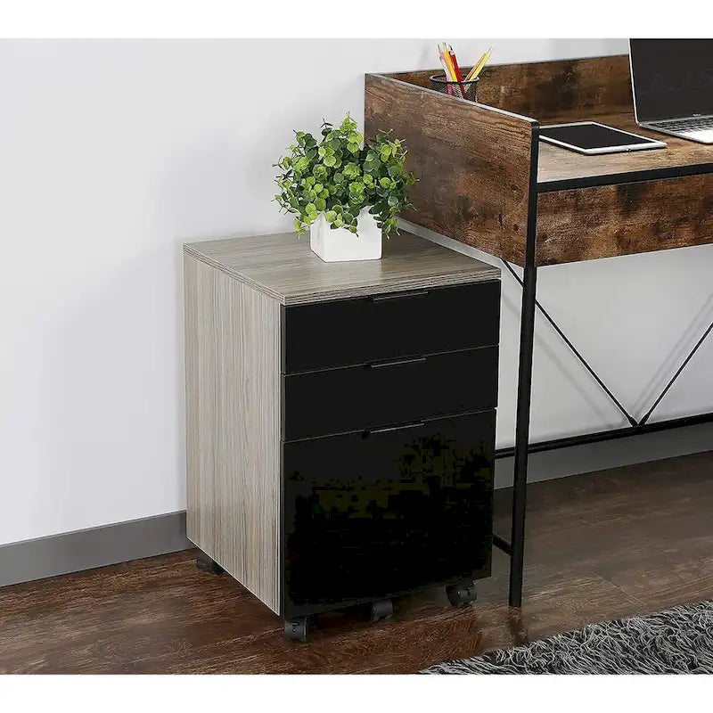 Brown/Black/White 3-Drawer Rolling File Cabinet, Locking Wheels, A4 & Letter Size, 1-Person