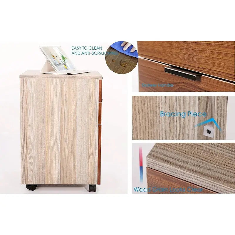 Brown/Black/White 3-Drawer Rolling File Cabinet, Locking Wheels, A4 & Letter Size, 1-Person