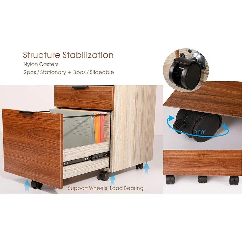 Brown/Black/White 3-Drawer Rolling File Cabinet, Locking Wheels, A4 & Letter Size, 1-Person