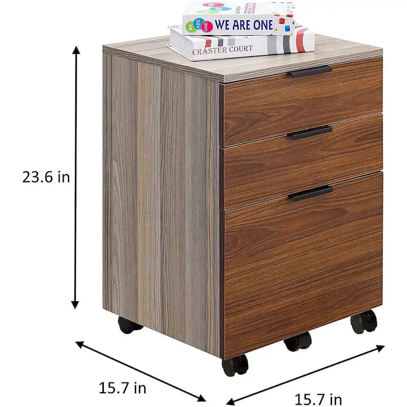 Brown/Black/White 3-Drawer Rolling File Cabinet, Locking Wheels, A4 & Letter Size, 1-Person