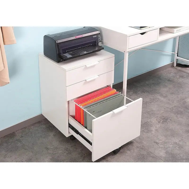 Brown/Black/White 3-Drawer Rolling File Cabinet, Locking Wheels, A4 & Letter Size, 1-Person