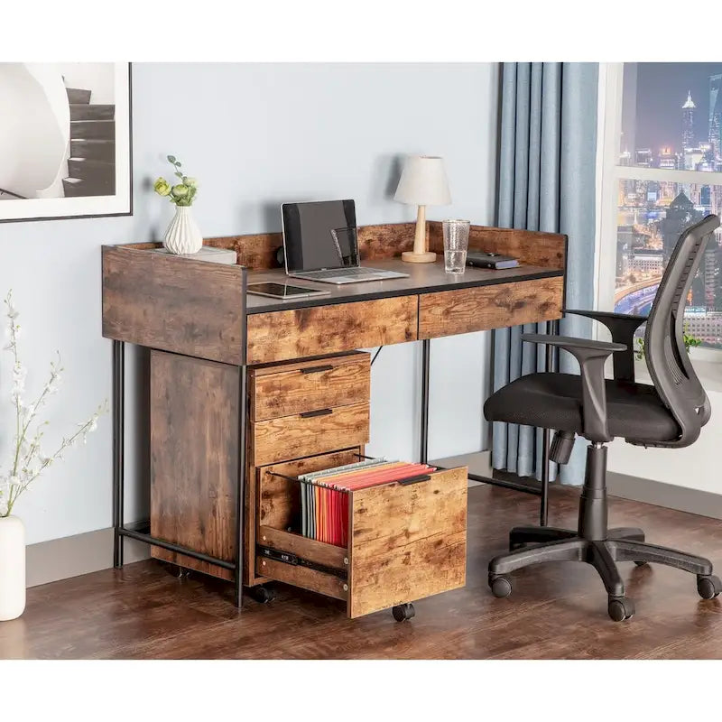 Brown/Black/White 3-Drawer Rolling File Cabinet, Locking Wheels, A4 & Letter Size, 1-Person