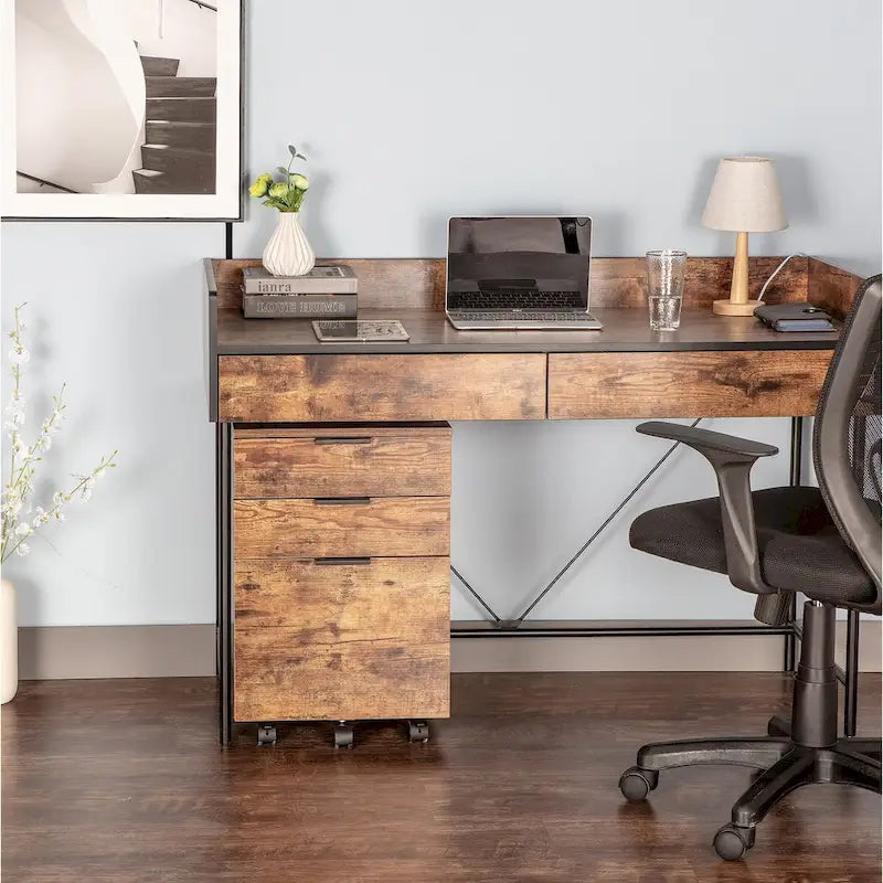 Brown/Black/White 3-Drawer Rolling File Cabinet, Locking Wheels, A4 & Letter Size, 1-Person