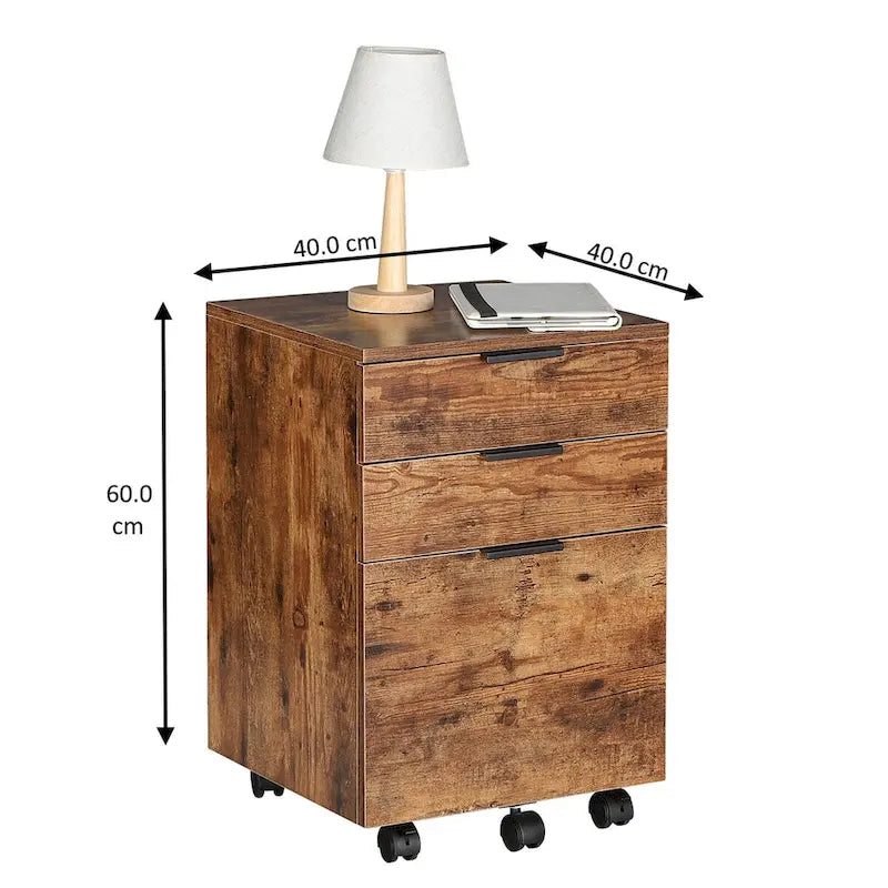 Brown/Black/White 3-Drawer Rolling File Cabinet, Locking Wheels, A4 & Letter Size, 1-Person