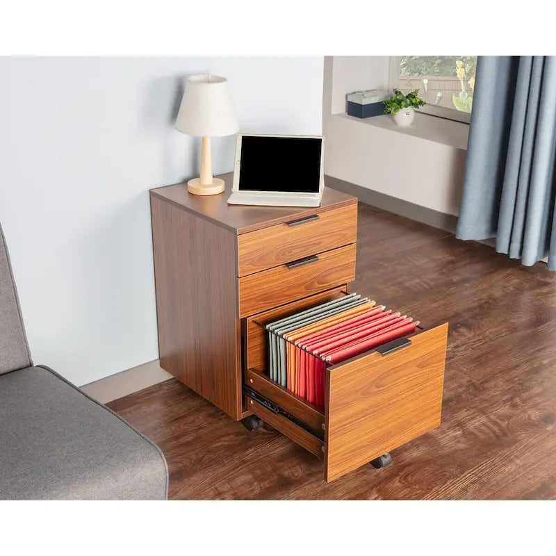 Brown/Black/White 3-Drawer Rolling File Cabinet, Locking Wheels, A4 & Letter Size, 1-Person