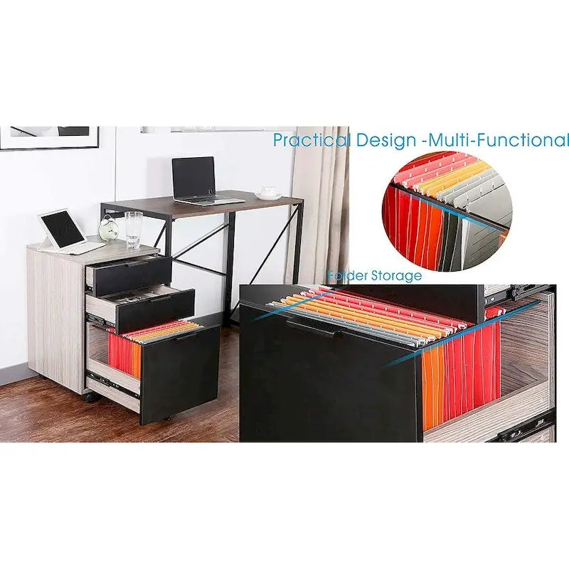 Brown/Black/White 3-Drawer Rolling File Cabinet, Locking Wheels, A4 & Letter Size, 1-Person