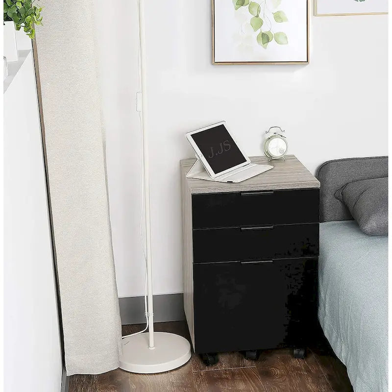 Brown/Black/White 3-Drawer Rolling File Cabinet, Locking Wheels, A4 & Letter Size, 1-Person