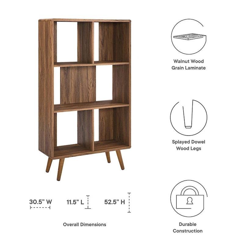 Walnut 3-Tier Bookcase with Splayed Legs, Single