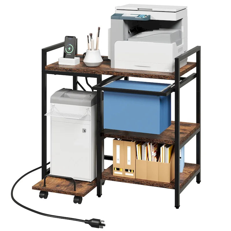 3-Tier Rolling Printer Stand with File Storage, Brown / Black, Single User