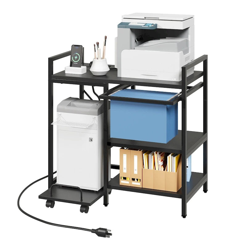 3-Tier Rolling Printer Stand with File Storage, Brown / Black, Single User