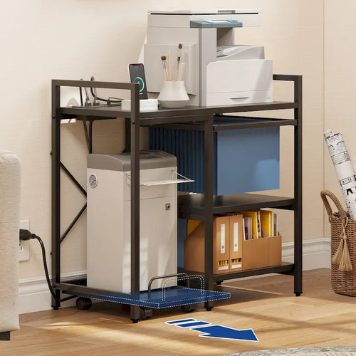 3-Tier Rolling Printer Stand with File Storage, Brown / Black, Single User