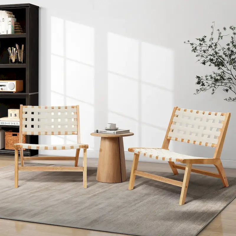 White & Brown Faux Leather Low Profile Armless Accent Chair, Set of 2