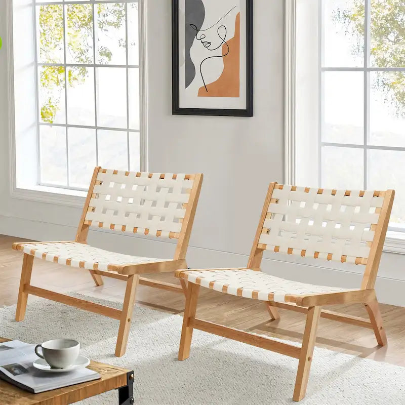 White & Brown Faux Leather Low Profile Armless Accent Chair, Set of 2