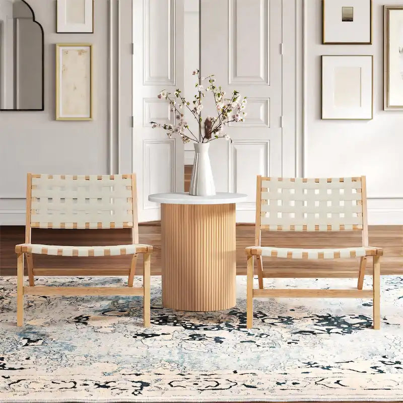 White & Brown Faux Leather Low Profile Armless Accent Chair, Set of 2