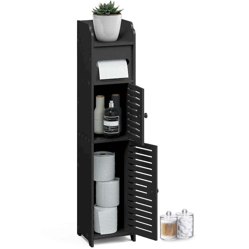 Black / White Floor-Standing Bathroom Storage Cabinet, 1-Person Use, with Toilet Paper Dispenser