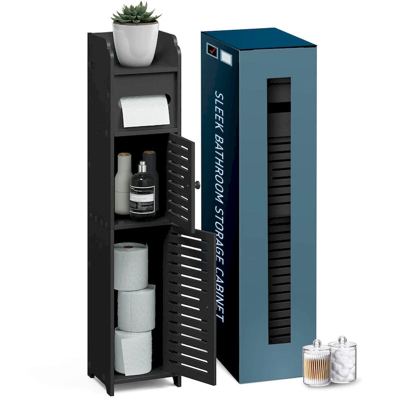Black / White Floor-Standing Bathroom Storage Cabinet, 1-Person Use, with Toilet Paper Dispenser