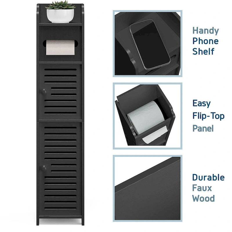 Black / White Floor-Standing Bathroom Storage Cabinet, 1-Person Use, with Toilet Paper Dispenser