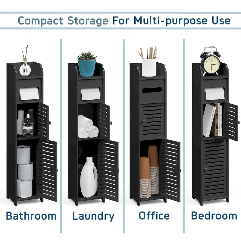 Black / White Floor-Standing Bathroom Storage Cabinet, 1-Person Use, with Toilet Paper Dispenser