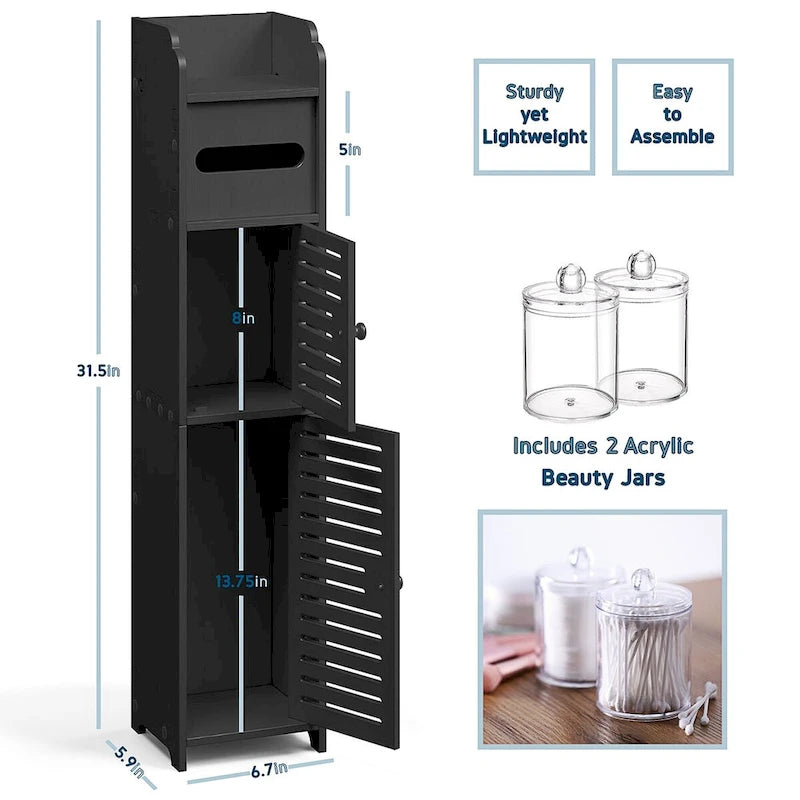 Black / White Floor-Standing Bathroom Storage Cabinet, 1-Person Use, with Toilet Paper Dispenser