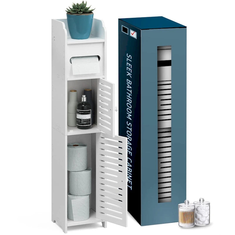 Black / White Floor-Standing Bathroom Storage Cabinet, 1-Person Use, with Toilet Paper Dispenser
