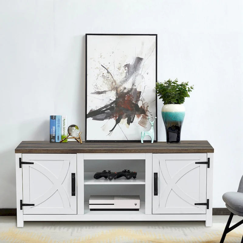 Farmhouse Barn Door TV Stand, Dark Brown / Grey / White Brown, Fits TVs up to 65"
