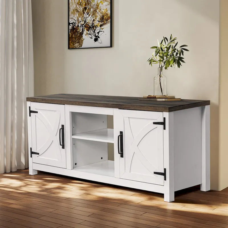Farmhouse Barn Door TV Stand, Dark Brown / Grey / White Brown, Fits TVs up to 65"