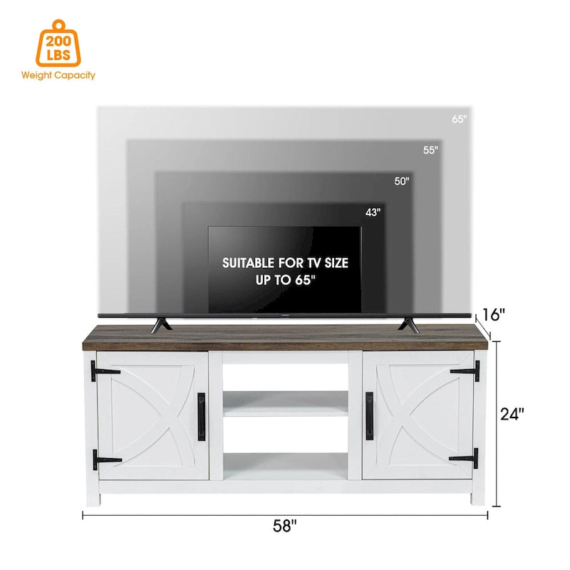 Farmhouse Barn Door TV Stand, Dark Brown / Grey / White Brown, Fits TVs up to 65"