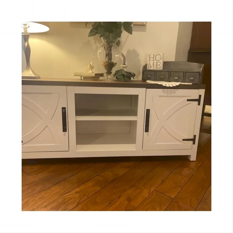 Farmhouse Barn Door TV Stand, Dark Brown / Grey / White Brown, Fits TVs up to 65"
