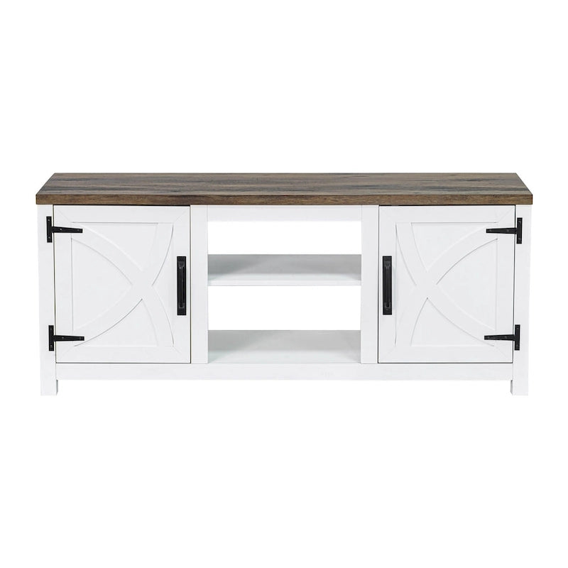 Farmhouse Barn Door TV Stand, Dark Brown / Grey / White Brown, Fits TVs up to 65"