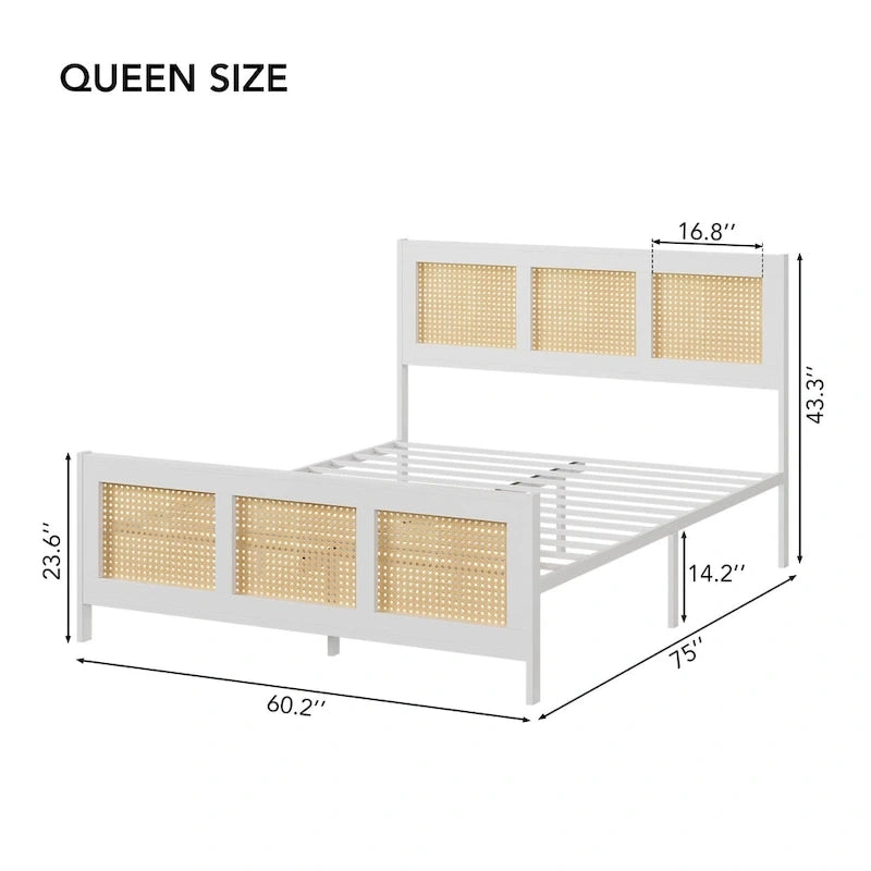 Black Rattan Headboard & Footboard Platform Bed Frame, Full/Queen/King, 2-Person