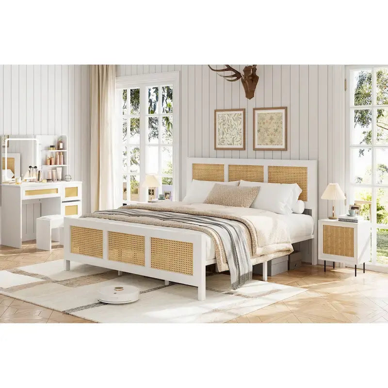 Black Rattan Headboard & Footboard Platform Bed Frame, Full/Queen/King, 2-Person