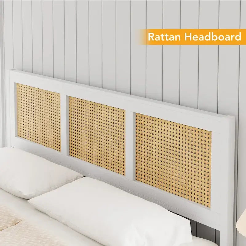 Black Rattan Headboard & Footboard Platform Bed Frame, Full/Queen/King, 2-Person
