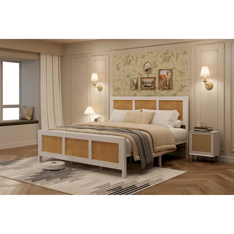 Black Rattan Headboard & Footboard Platform Bed Frame, Full/Queen/King, 2-Person