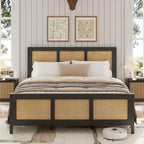 Black Rattan Headboard & Footboard Platform Bed Frame, Full/Queen/King, 2-Person