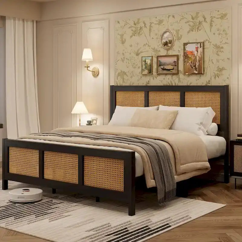 Black Rattan Headboard & Footboard Platform Bed Frame, Full/Queen/King, 2-Person